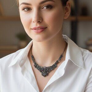 Ornate Victorian Gothic Necklace with Iridescent Filigree Bronze Finish